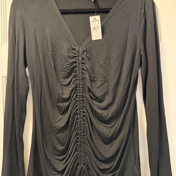 Express Tops - Express Black Ruched V-Neck Long Sleeve Top with Center Gather